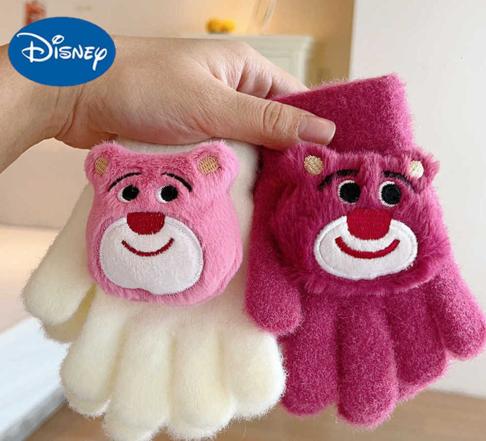 Disney Super Cute Cartoon Plush Gloves for Children Winter Warm Strawberry Bear Kindergarten Kids Writing Ages 3-8 H251107