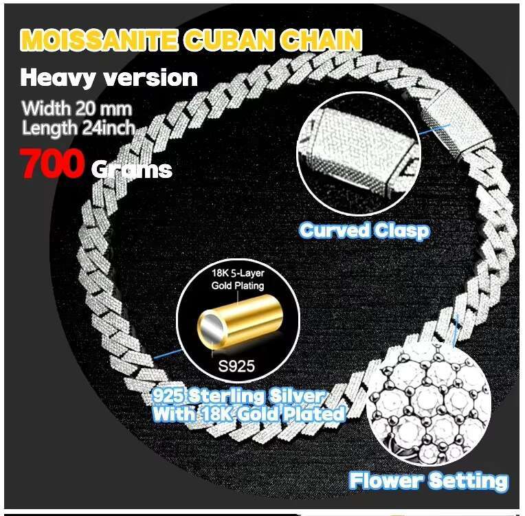 Hiphop Thick Rose Gold 20mm 4 Rows VVS Tested by Tester Pure Sier Cuban Chain Silica