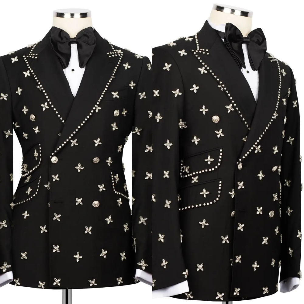 Handsome Men's Jacket Crystal Blazer Two Pieces Set Peaked Lapel Double Breasted Rhinestone Groom Coat Customized Jacket+Pants Plus Size