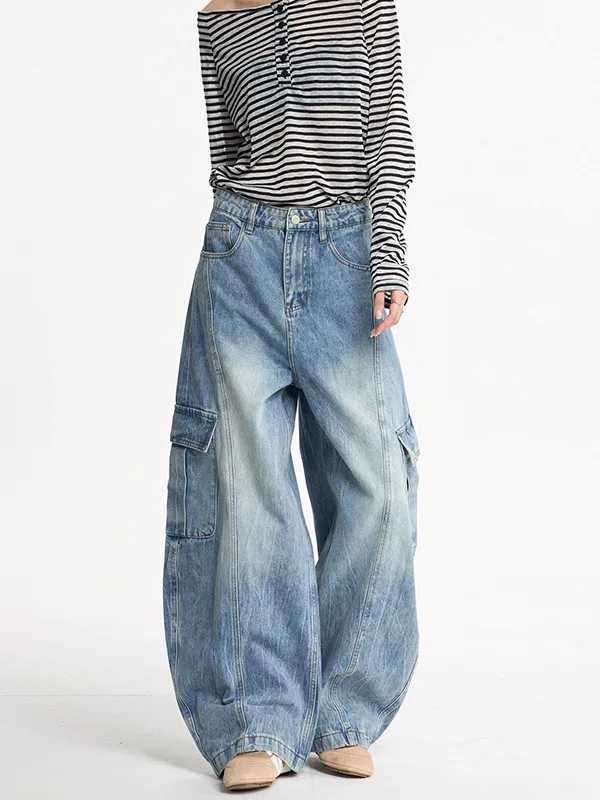 American-style Washed Lightning-Stitch Patchwork Oversized Pocket Workwear Pants Unisex Oversized Fit Denim Trousers Soft C251110