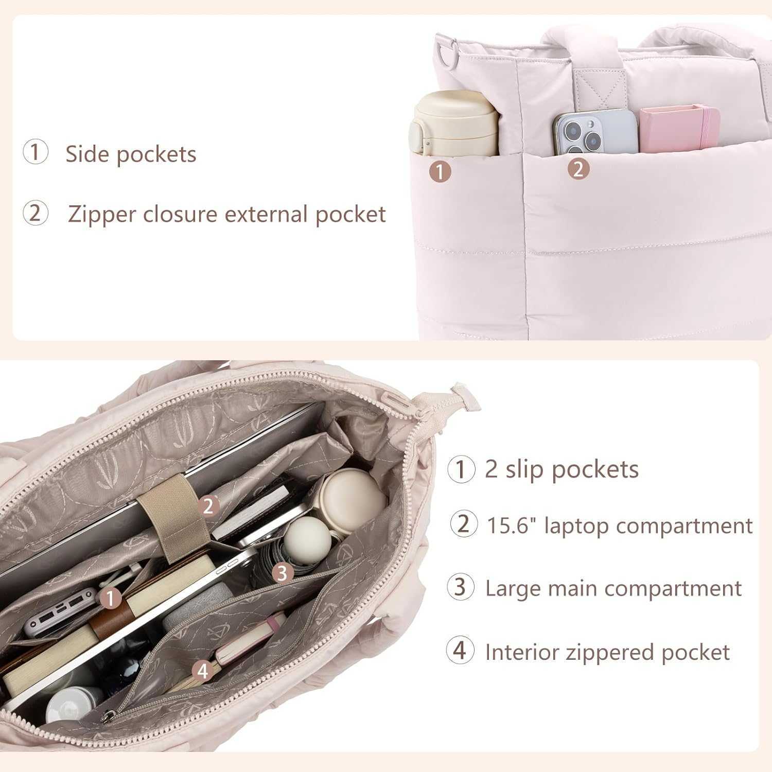 Womens Tote Bag Puffer Large Quilted Nurse with Zipper Suitable for Work and Travel