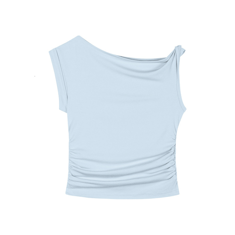 2025S Designer Women S T Shirt Spicy Girl Slanted Shoulder Sleeved T Shirt For Women In Summer Pure Desire Sexy Irregular Design Wrinkled Short Top