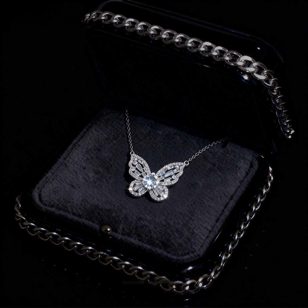 925 Sterling Silver Moissanite Butterfly Pendant Necklace for Women Elegant Collarbone Chain with Full Pav Design