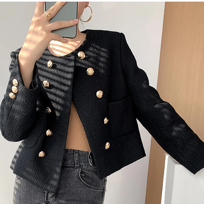 ITOOLIN Women Tweed Office Elegant Coat Pockets Doublebreasted Cardigan Jackets Solid Streetwear Long Sleeve Autumn Winter 251110