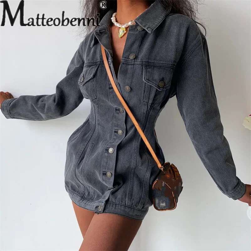 Women's Shrink Waist Slim Fit Denim Jacket Single-Breasted Splicing Pocket Coat Female Autumn Winter Daily Casual Long Outerwear