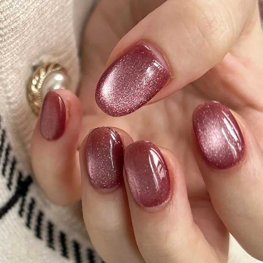 24 pieces/set of cat eye fake nails suitable for women red brown green blue gray sparkling short tips fake penis pressing fake nails W250410