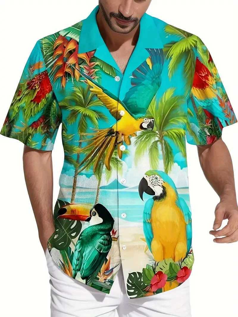Mens Vitality Parrot Tropical Printed Hawaiian Shirt Casual Short Sleeve Button Beach Shirt Mens Summer Vacation X250410