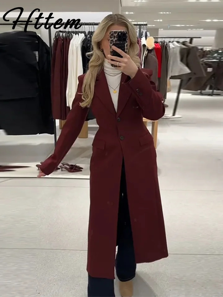 Burgundy Red Long Coat Womens Collar Single Button Full Sleeve Jacket 2025 SpringSummer Office 250407