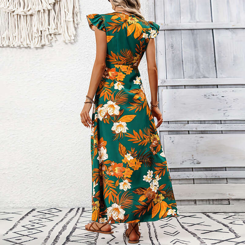 Rui Chuo Cross-Border Amazon Foreign Trade European and American 2025 Summer Vacation Style Floral Slit Mid-Length Dress