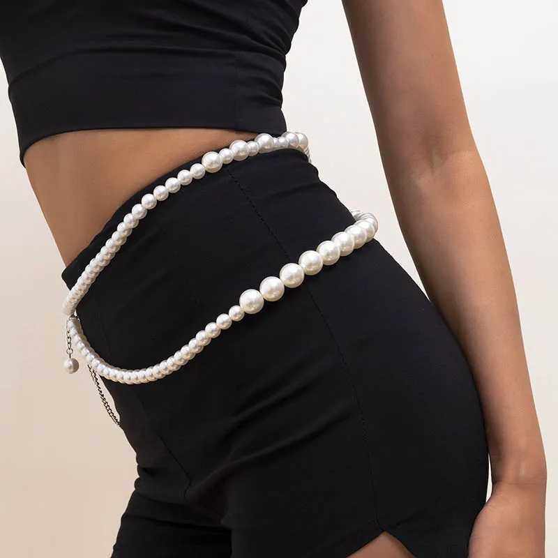 Warm and elegant Immersion pearl waist chain sexy double-layer beads shell metal chain belt hot trend body chain jewelry X250410