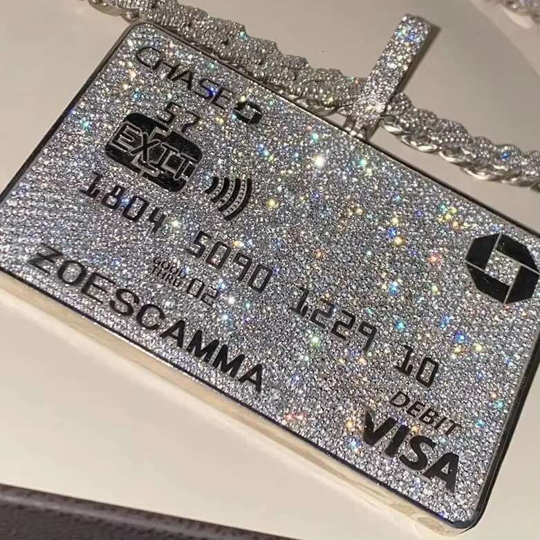 White Gold Plated Solid 925 Silver Vvs Moissanite Diamond Iced Out Credit Card Pendant