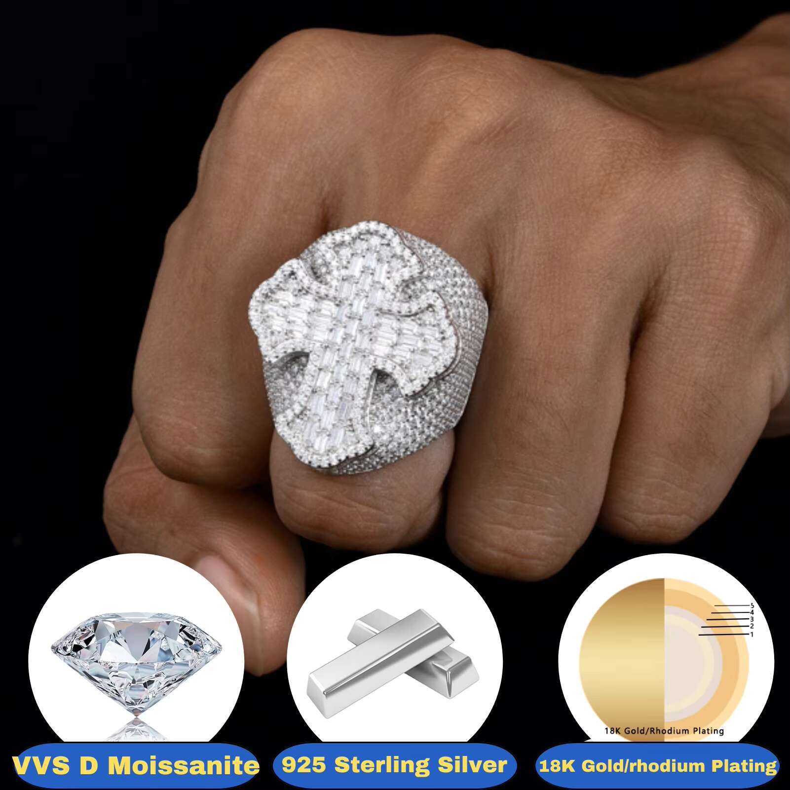 Luxury 925 Sterling Silver Micro VVS D Baguette Moissanite Cross Ring Jewelry Men Hip Hop Rapper Style Bling Wedding