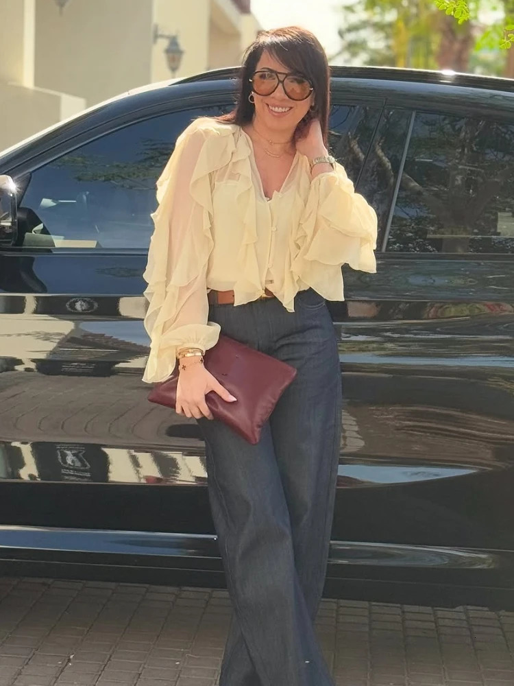 Fashion Burgundy V-neck Layered Ruffle Shirt Elegant Womens Full Sleeve Loose Shirt Spring Womens Decorative Office Set 250409