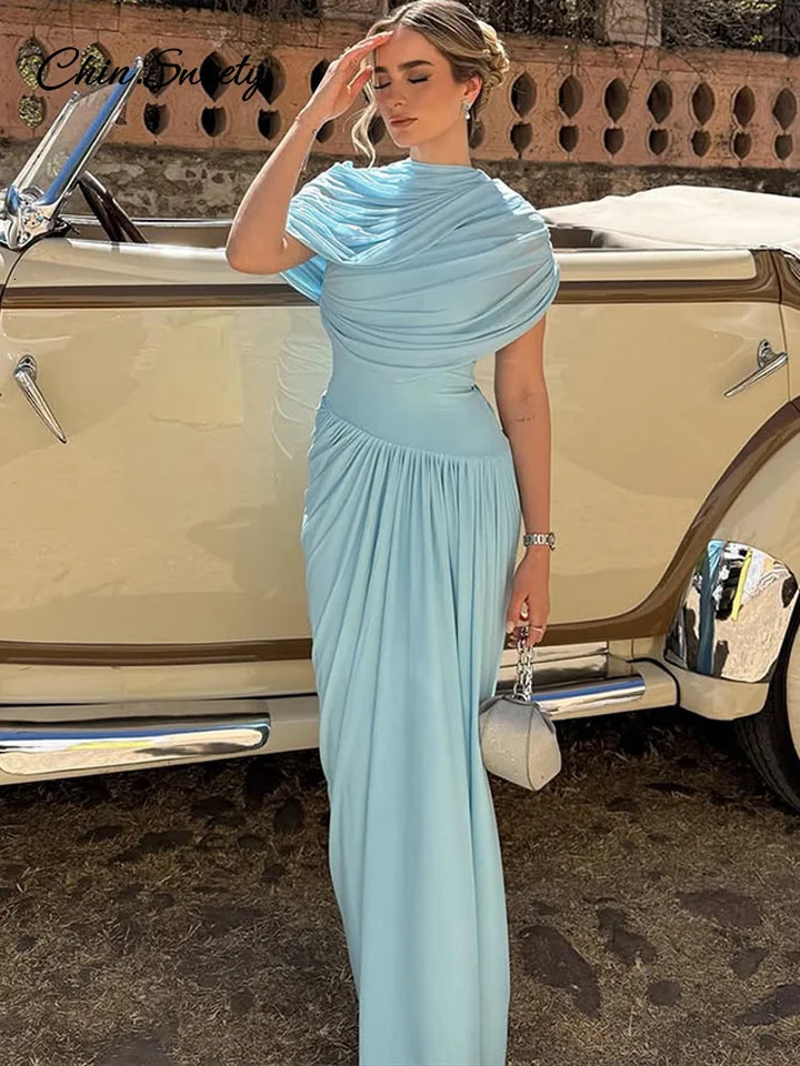 Elegant shawl party long dress chiffon womens asymmetric light blue pleated ultra-thin long dress summer womens evening dance dress 250409