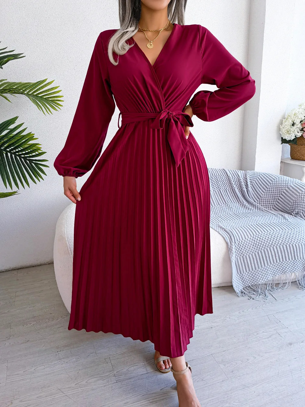Women Elegant V Neck Long Sleeve Pleated Maxi Dress 251110