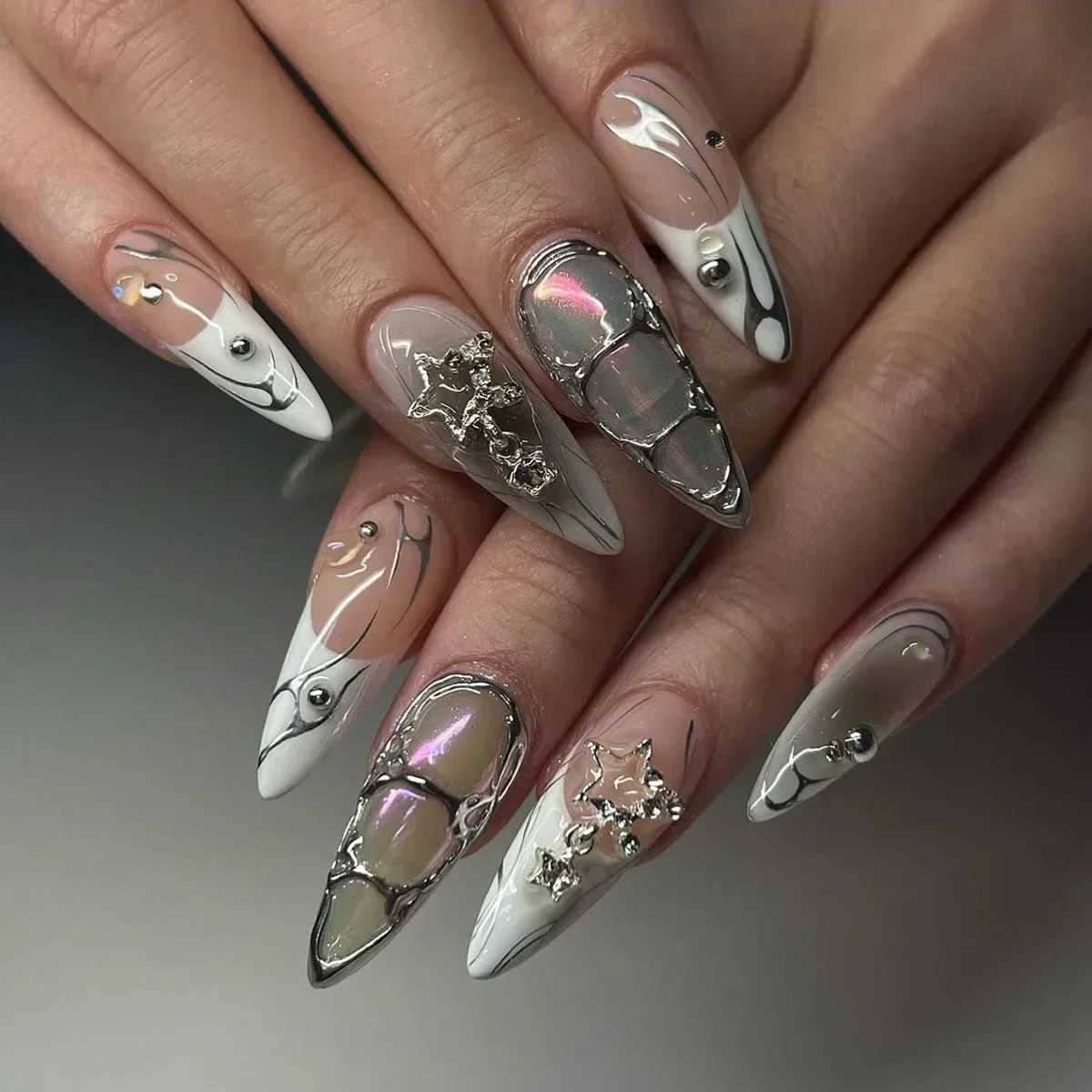 24Pcs Y2k Almond Acrylic Nail Set 3D Diamond Black Nail Art Sweet Cool French Wearable Fake Nail Handicraft Skills W250410