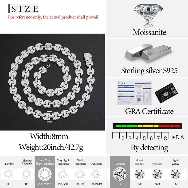 Fashion Jewelry 6mm 8mm 10mm Moissanite Link Chain 925 Sterling Silver VVS Mossanite Iced Out Hiphop Cuban Necklace for Men
