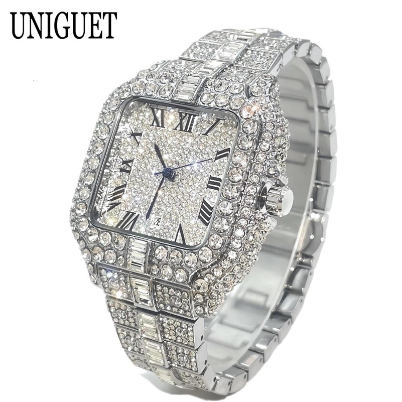 UNIGUET Fashion Watch For Men Rose Square Iced Out Quartz Watch Man Hip Hop Full Diamond Jewelry Wristwatch Reloj HombreU 251107