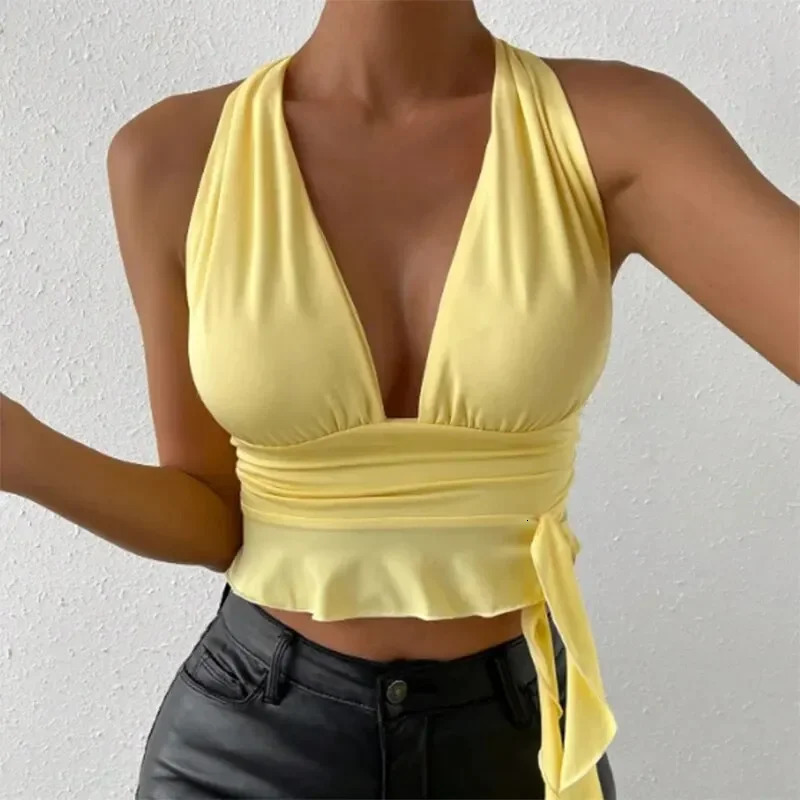 Swimwear womens sexy tight swimsuit deep Vneck pleated beach top 2025 bikini 250408