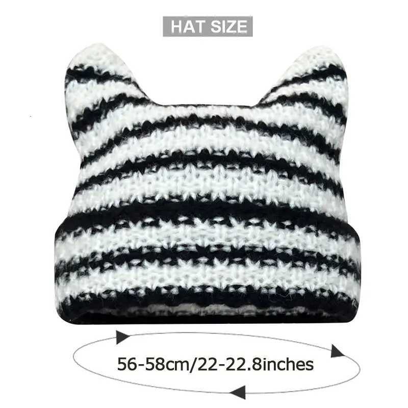 Japanese Beanie Hat Ins Little Devil Striped Knitted Wool Cap Autumn and Winter Cute Cat Ears Pointed Pullover WomensXJ251110