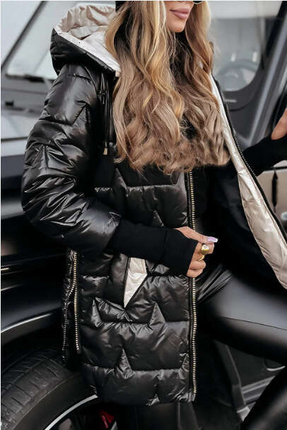 Autumn Winter European and American Cross-Border Hooded Jacket Mid-Length Cotton Coat with Three Zippers