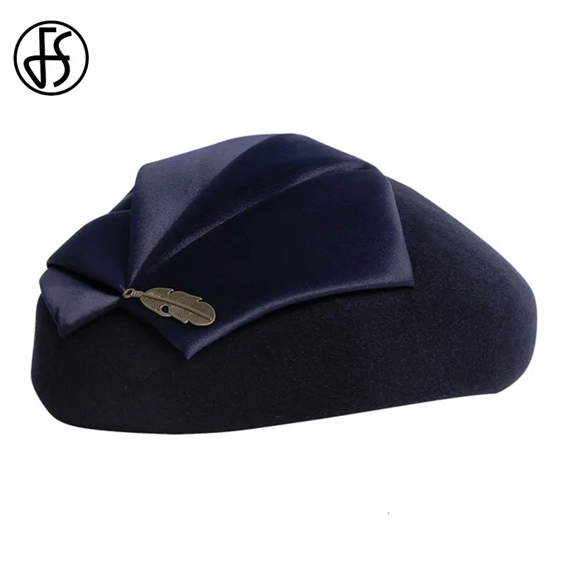 FS Elegant Wool Pillbox Hat Fascinators Fedora Hat Black Church Hats Women Navy Blue Wedding Ladies Felt Leaf Berets Caps Chapea 250409