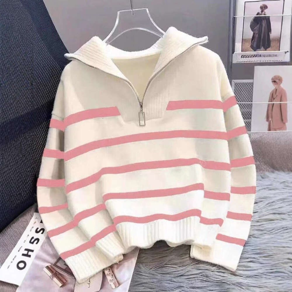 Color Block Striped Sweater Spring Autumn Top 2025 New Loose Lazy Korean Style Pullover Urban Half-Zip Knitwear