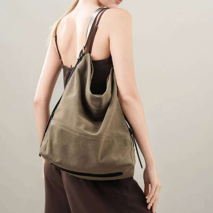 Canvas With Cowhide Straps Tote New Niche Design Vintage Large Capacity Simple And Fashionable Ladies' Shoulder Bag 251110