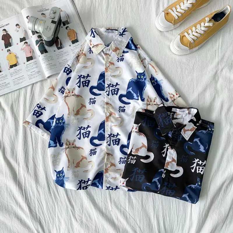 2020 Fashion Mens Short sleeved Hawaiian Shirt Quick Dry Plus Asian Size M-3XL Summer Casual Cute Mens Beach Cat Shirt X250410