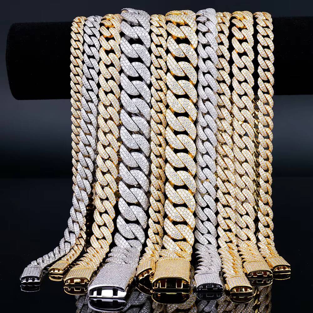 In Stock Wholesale Hiphop Jewelry 8 10 12 14 18 20 mm 925 Silver Iced Out Vvs Moissanite Miami Cuban Link Chain Necklace for Men