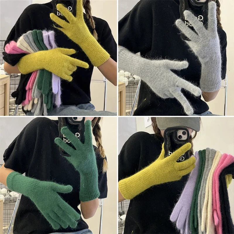 Solid Color Five-fingered Gloves Autumn Winter Warm Gloves Extended Elbow INS Style Fashion Girls Gloves Rabbit Fur Knitted 251106