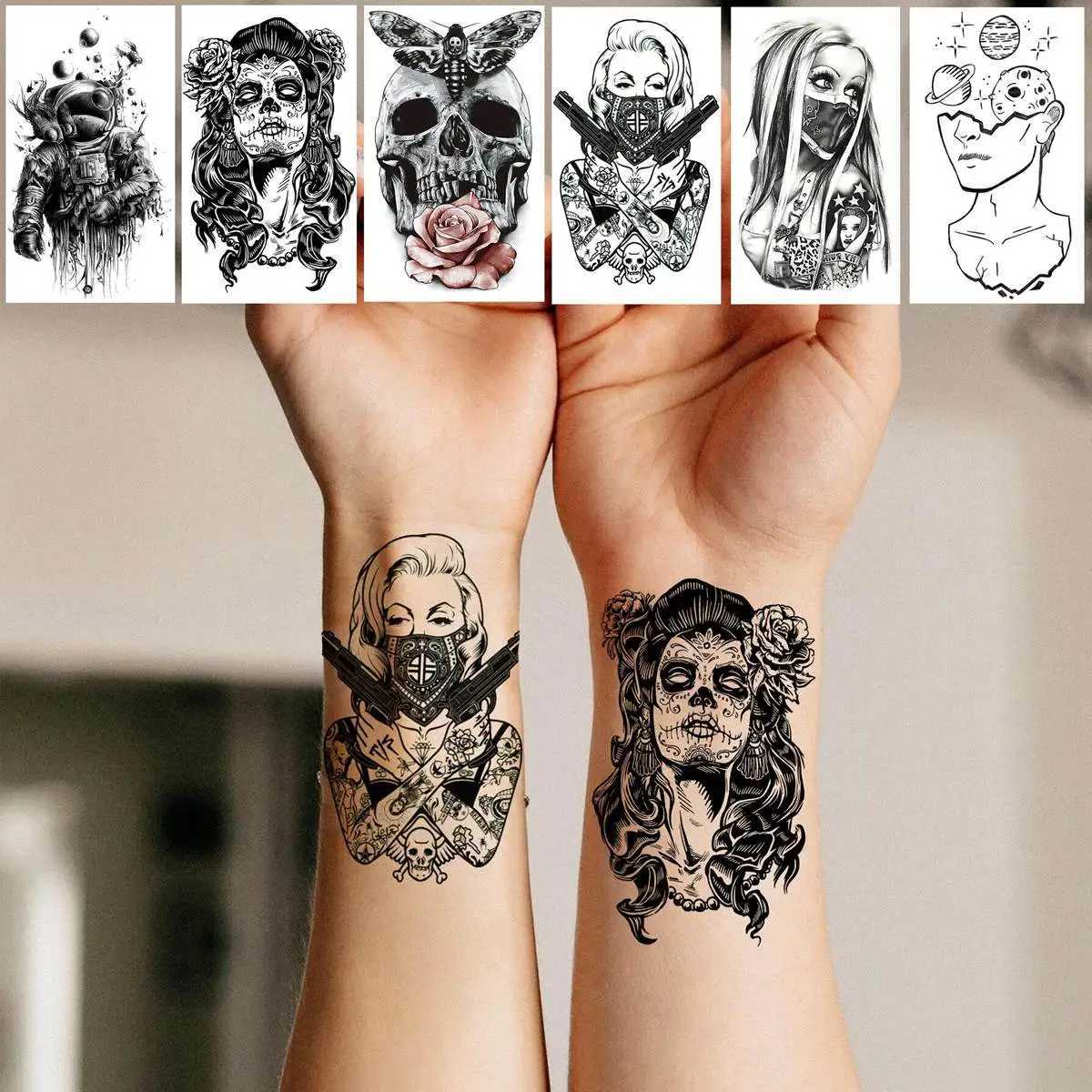 52 black skull temporary tattoos suitable for womens arm and neck tattoos stickers fake small flower mountain snakes animal 3D tattoos W250410