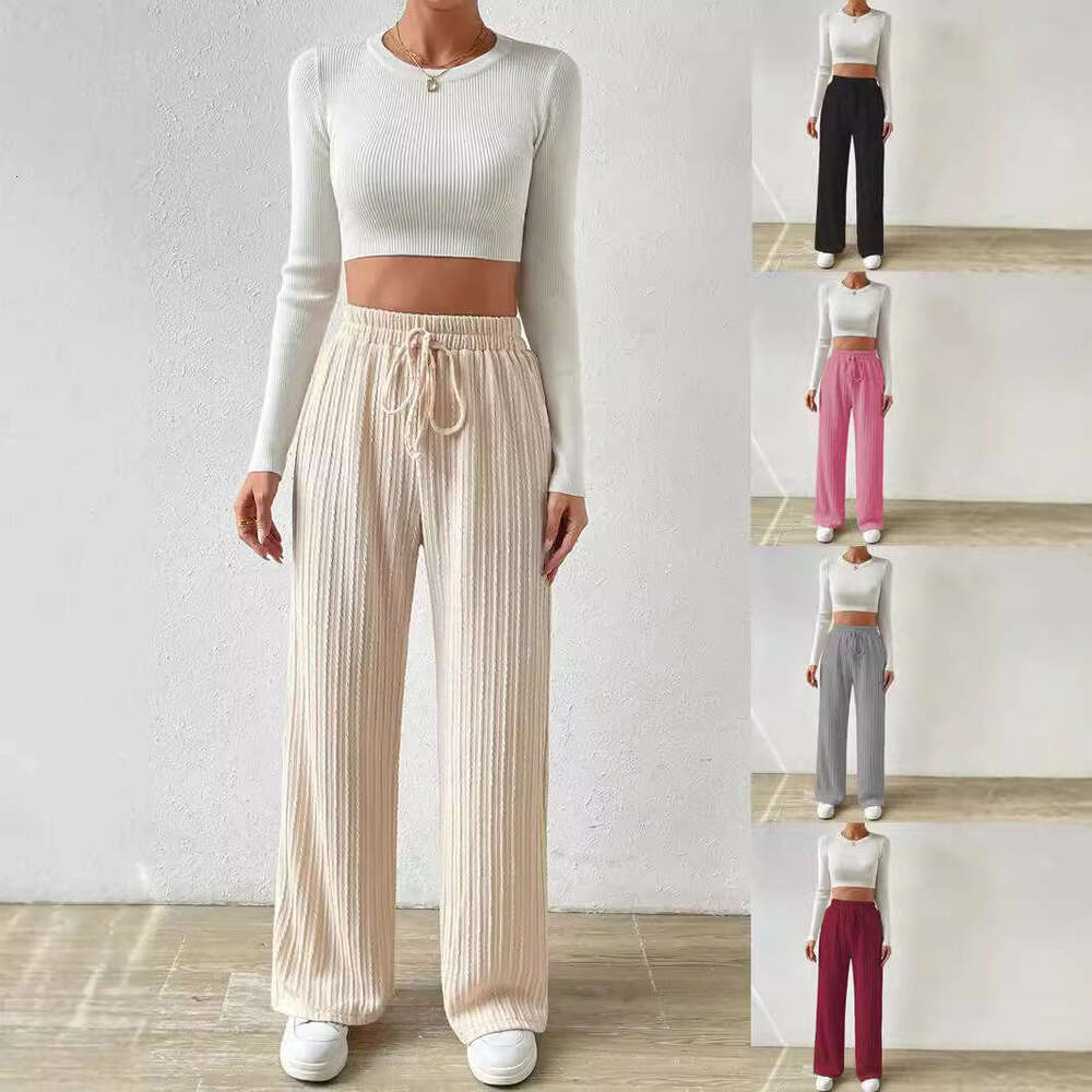 2024 New European and American Style Knitted Wide-Leg Pants with Waist Texture, Elastic High Waist, Solid Color, Casual Loose Straight-Leg Women'