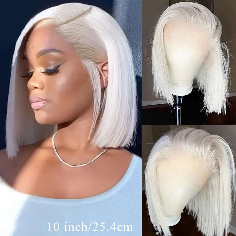 Platinum Ice Blonde Short Bob 100% Human Front Wig Pre Plucked Straight Pixie Cut High Density Elsa White Color Brazilian Remy Hair Lace Frontal Wigs 