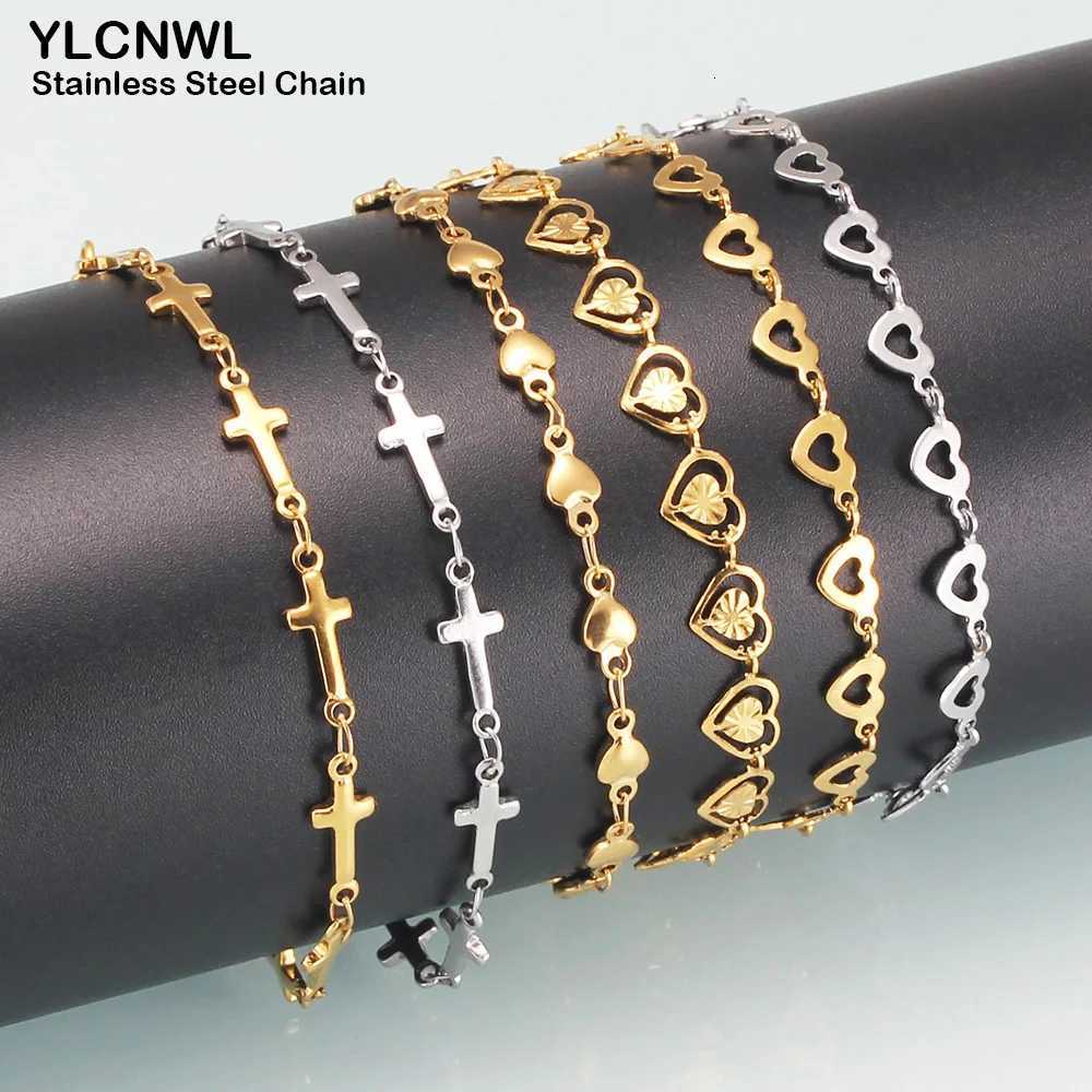 7-9 Inch Stainless Steel Bracelets For Women Heart Cross Chain Bracelets Charms Femme Gold Silver Color Female Fashion JewelryT251110