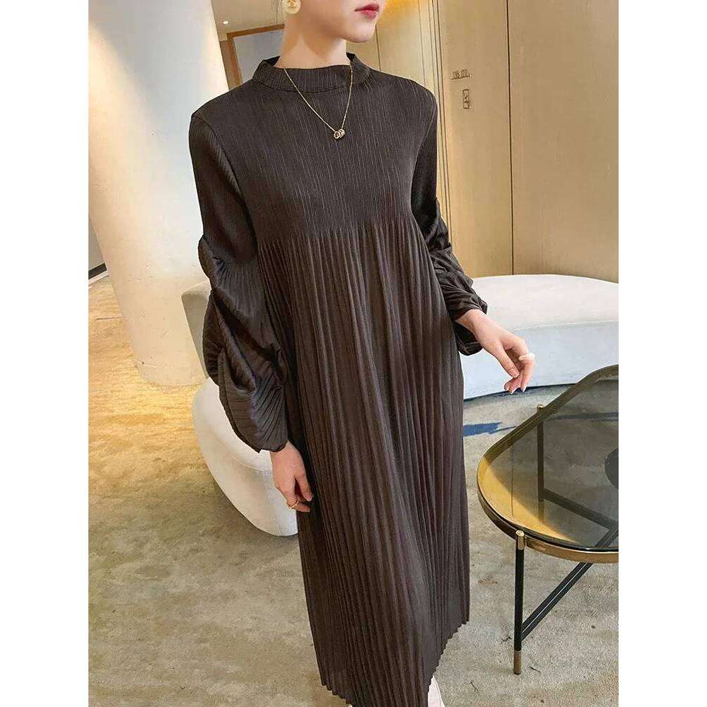 Miyake Pleated Puff Sleeve Dress Fall 2022 Winter New Solid Color Long Loose Women Causal Elegant Dresses Designer Clothes
