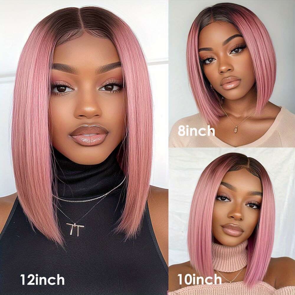 Natural Looking Human With Transparent Lace Front 13X6x1 Ombre Pastel Short Bob Cut, Bleached Knots Pre-Plucked - Lightweight Pink Hair Wig Women Men,