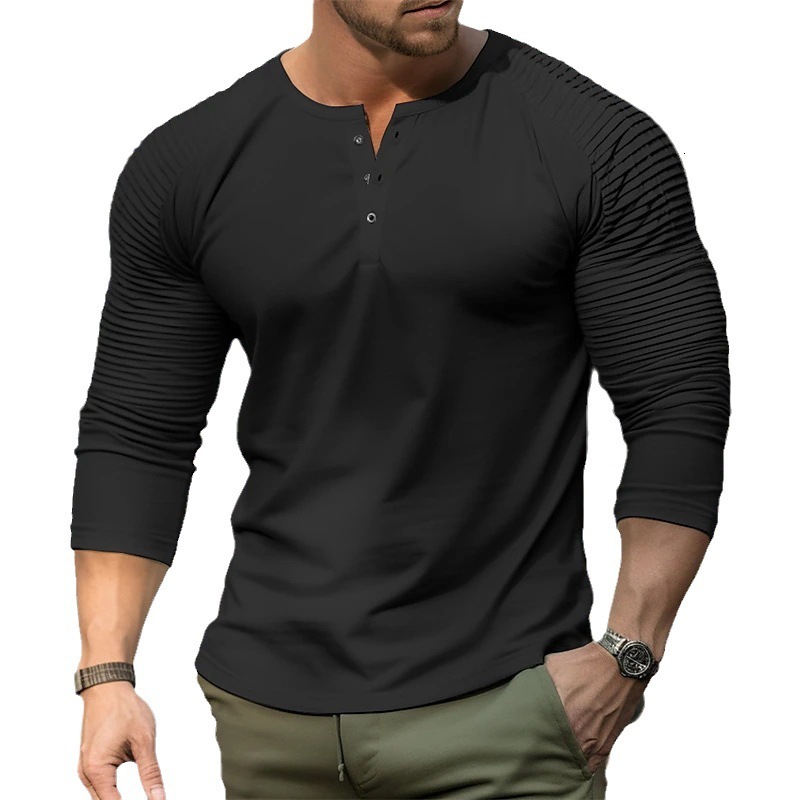 2025 New Mens Solid Color Slim Fit Round Neck Long Sleeve T-shirt Personalized Fashion Pleated Raglan Sleeve