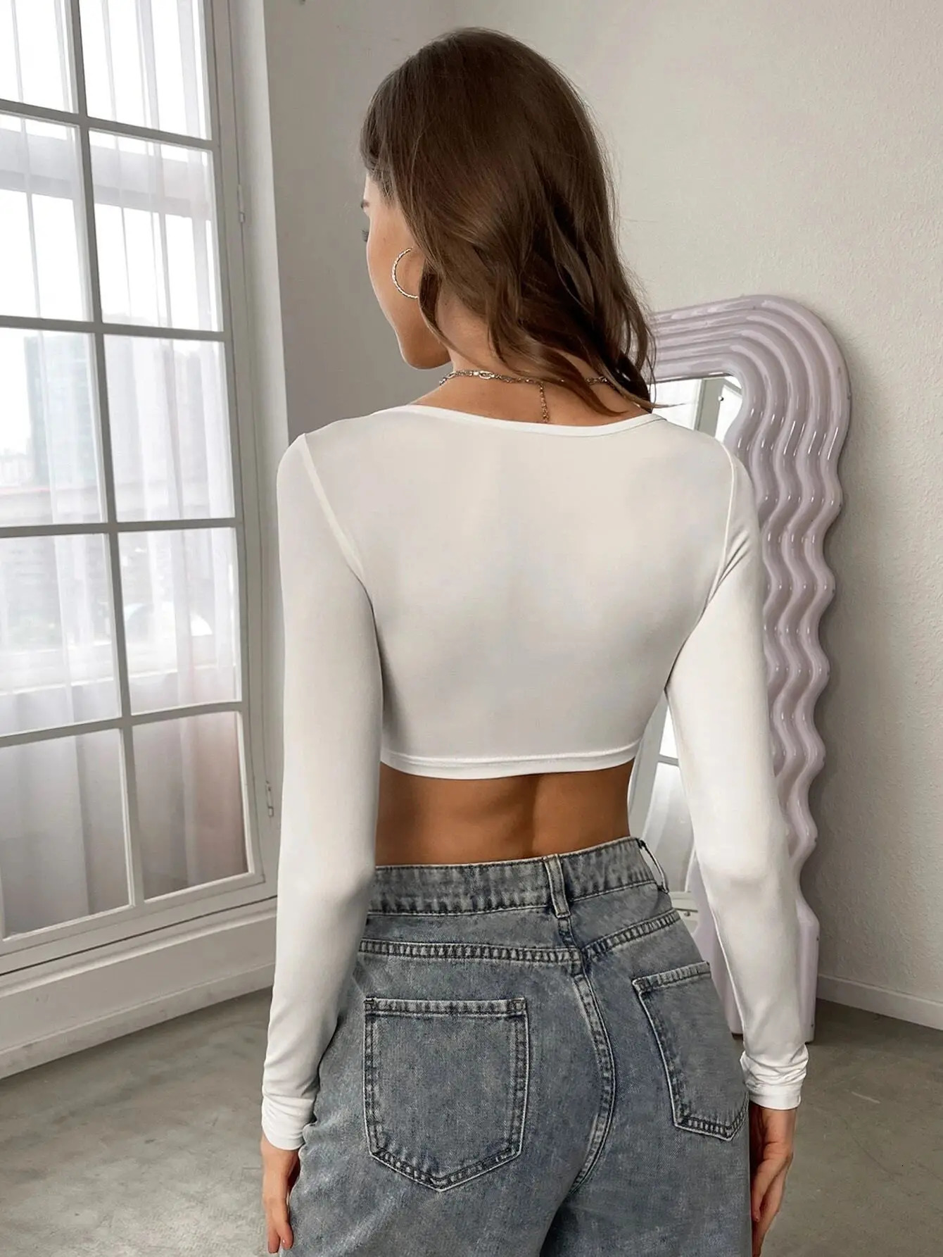 Spring and Autumn womens long sleeved Tshirt with quart neckline floral basic Y2k streetwear clothing top 250407