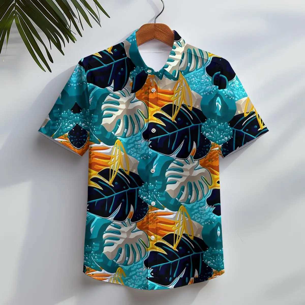 Hawaiian mens beach casual short sleeved button down jacket tropical leaf flower 3D printed summer vacation clothing X250410