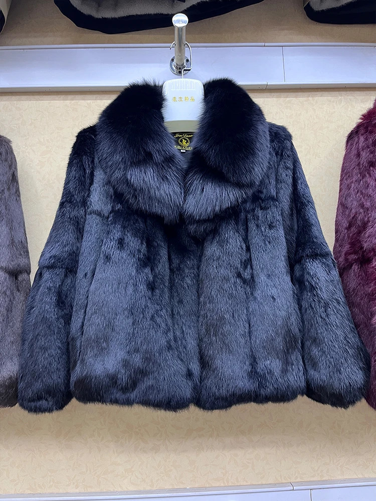 100 Genuine Whole Skin Real Rabbit Fur Coat With y Natural Fox Collar Jacket Full Pelt Overcoat 251110