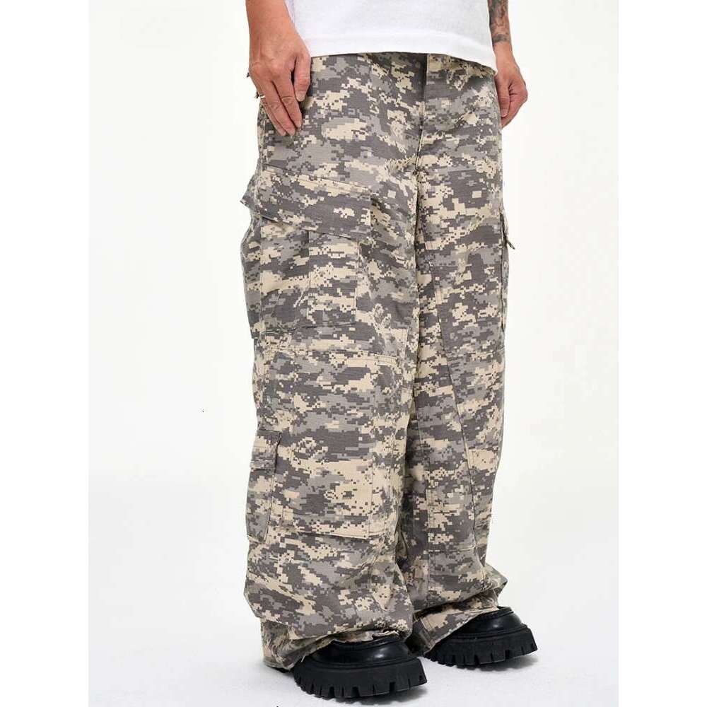 Multi-Pocket Vintage Irregular Rough Edge Toog Loose Camo Wide Leg Baggy Paratrooper Pants Men