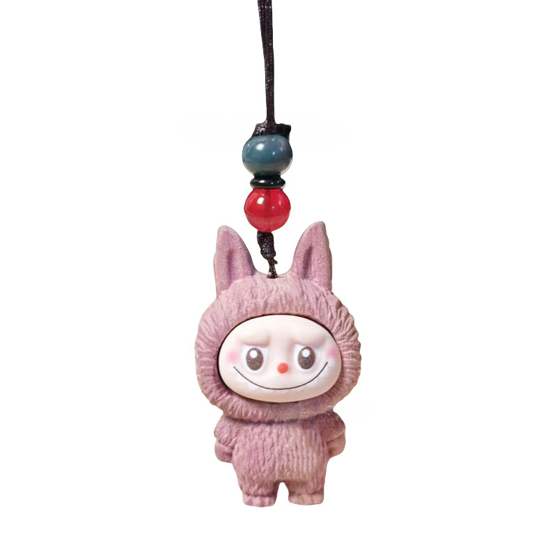 Designer 5-Piece Labubu Wood Carving Pendants - Handmade Solid Wood Carvings, Creative Car Hanging Ornaments key ring