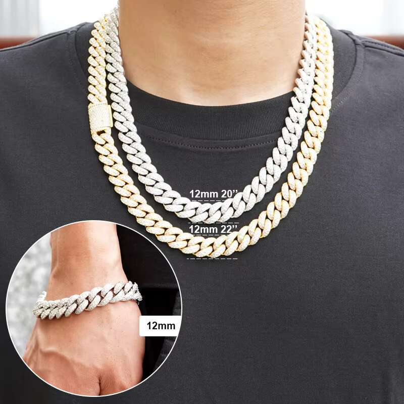 Men Iced Out Jewelry 12mm Moissanite Diamond 18k Gold Plated Prong Iced Out 925 Silver Men Cuban Chain Necklace Jewelry