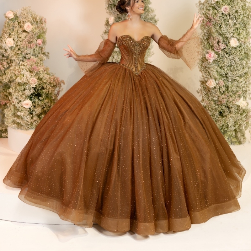 Brown Shiny Quinceanera Dresses Ball Gown Off The Shoulder Beading Crystal Bow Tull Corset Tull Party Birthday Sweet 16 Dress Vestidos 15 Anos