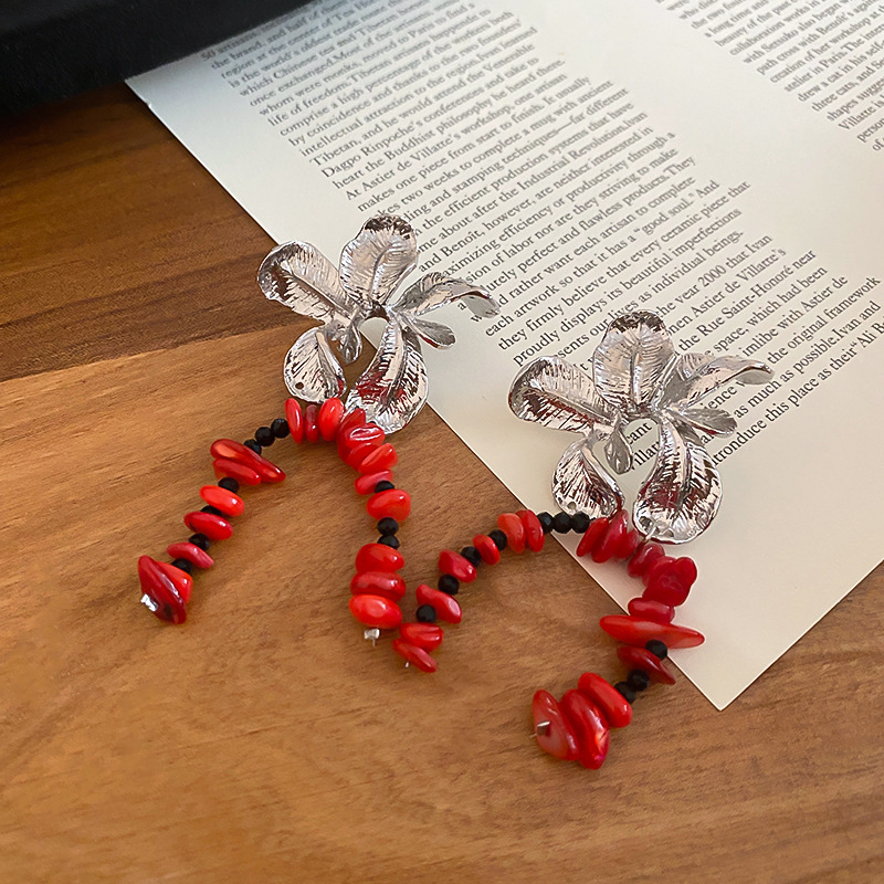 Silver Needle Texture Flower Shell Tassel Light Luxury Niche Design European and American Cross-Border Exaggerated Earrings for Women