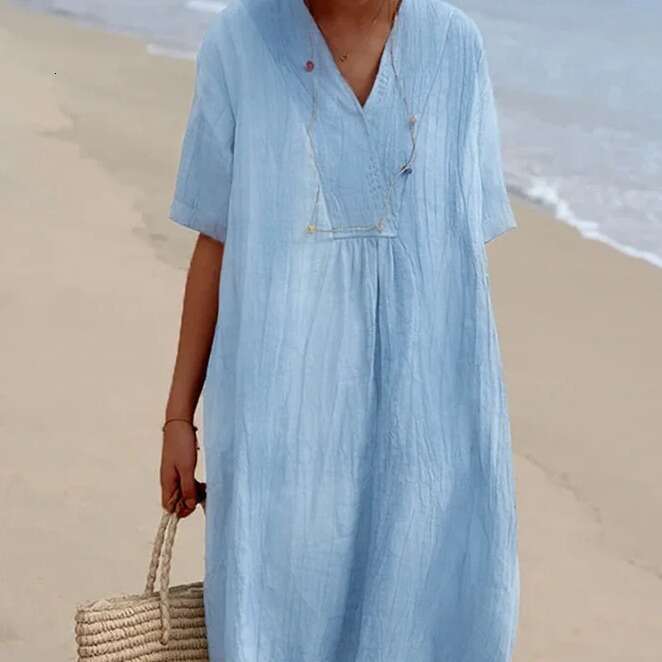 In Stock 2025 Spring/Summer New Women's Versatile Hot-Selling Casual Slimming Dress Solid Color Cotton Linen