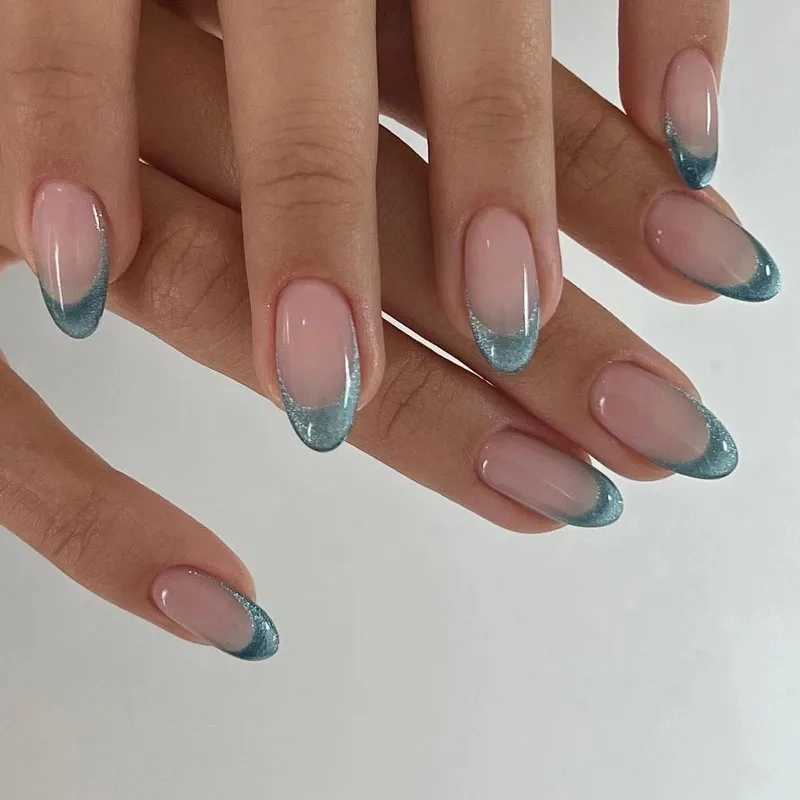 24 pieces/set of almond pressed on French nail tips green cat eye fake nails simple and elegant suitable for women and girls daily nail art W250410