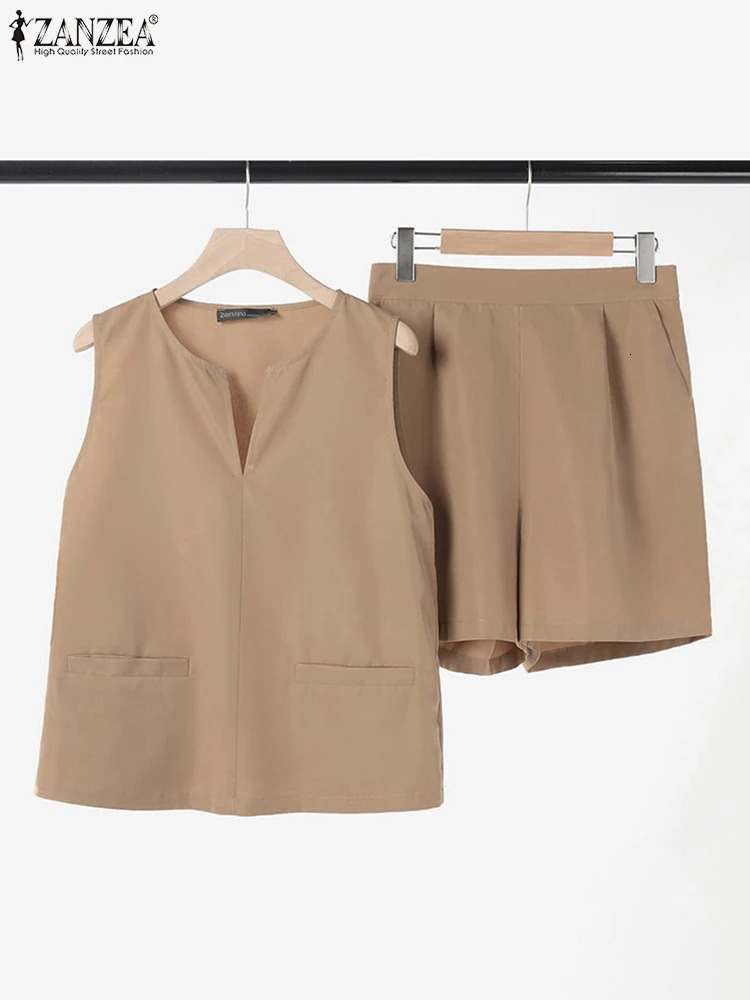 Casual loose sleeveless vest and shorts ZANZEA womens summer 2-piece short sleeved set fashionable solid track suit sexy pocket matching set 250409