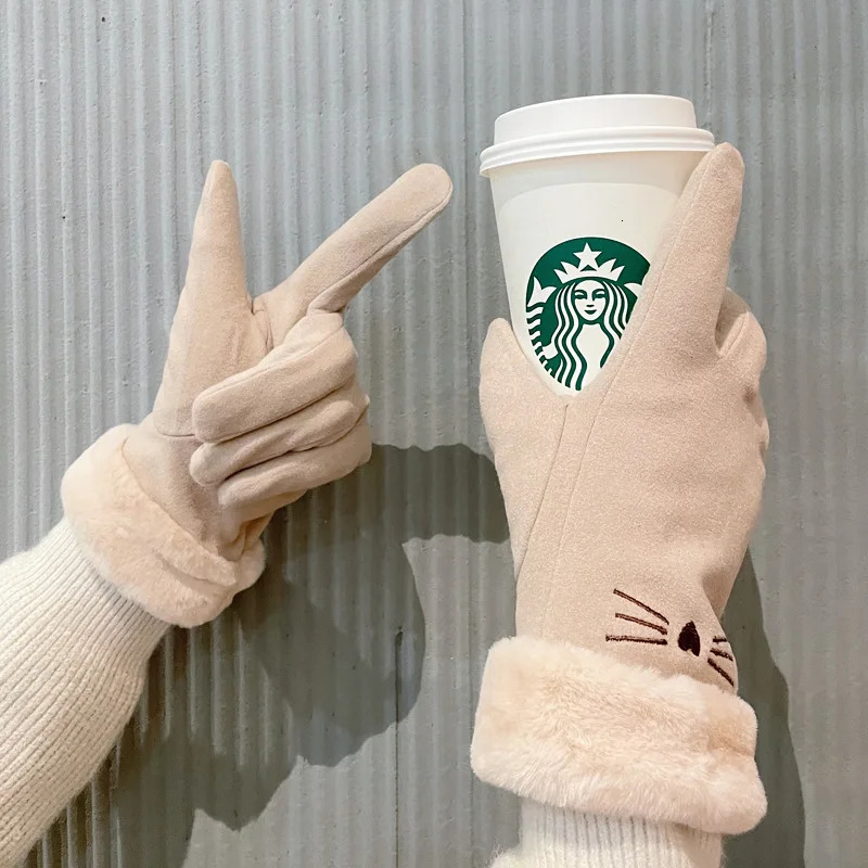 Winter Female Cashmere Warm Suede Leather Cycling Mittens Double Thick Velvet Plush Wrist Women Touch Screen Driving Gloves 251106